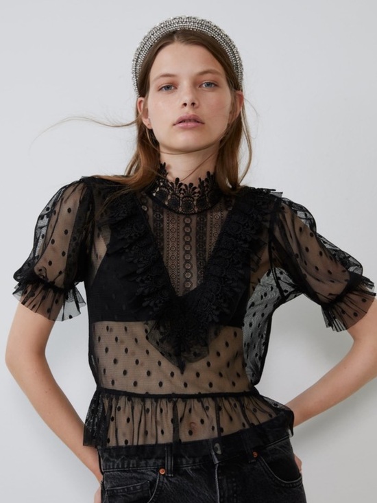 Zara Tops - Zara Black Sheer Polka-Dot Lace Ruffle Blouse